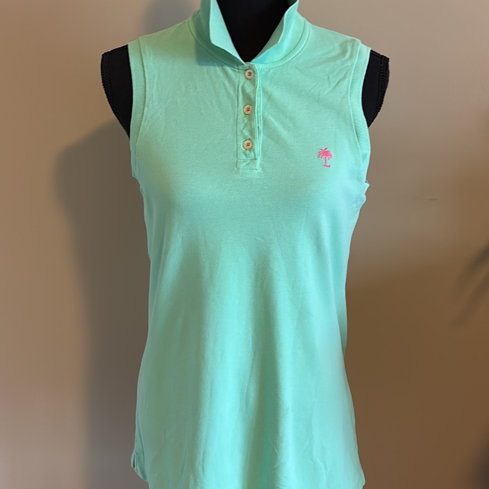 Lilly Pulitzer Island Polo Mint Green with Pink Palm Tree.  Women’s size M.  EUC - Picture 7 of 8